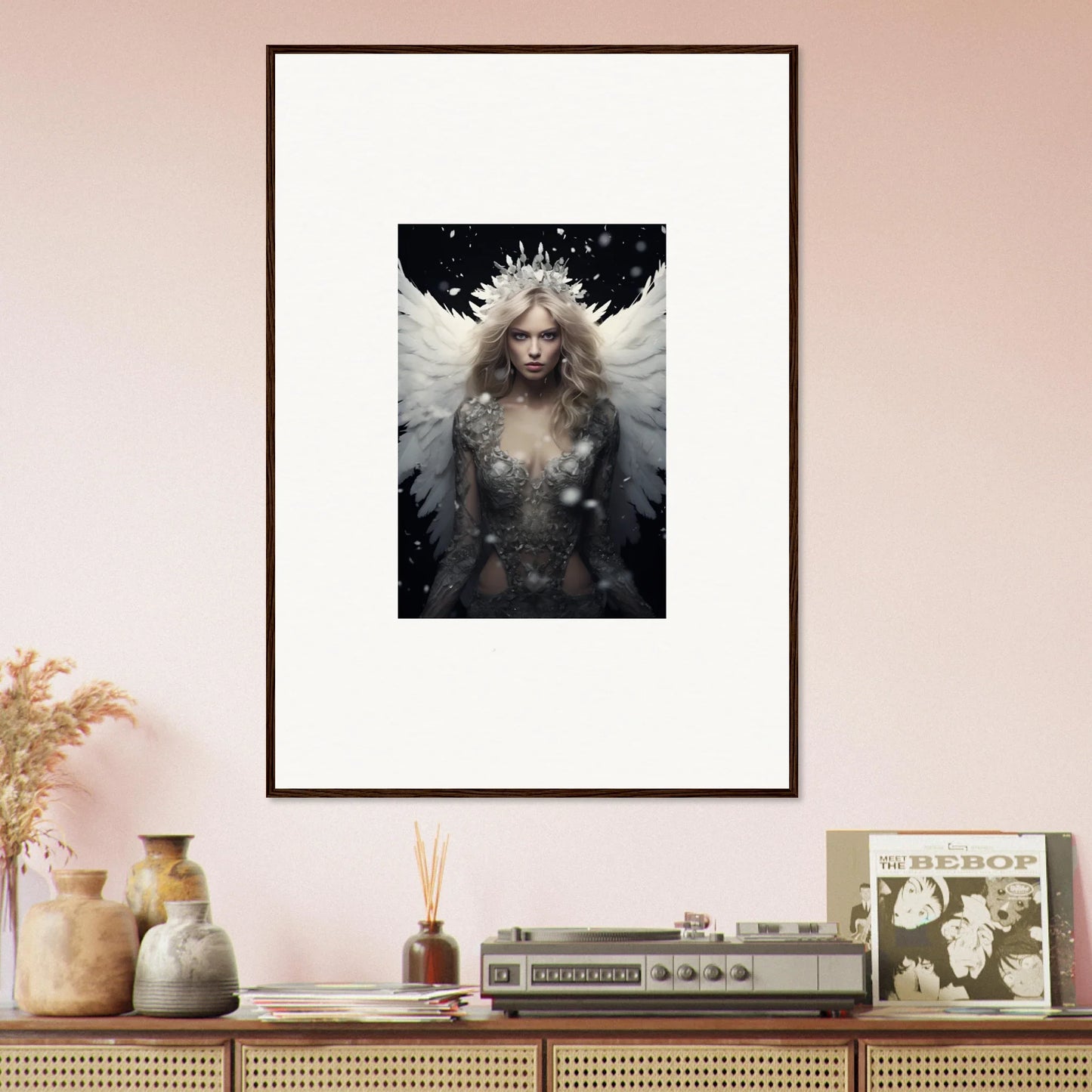 Framed canvas print of a feathery specter angel against a dark background for room decoration