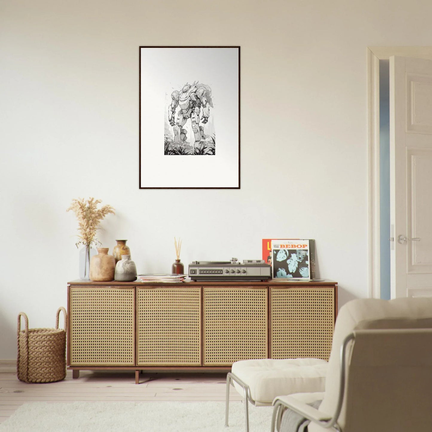 Wooden sideboard with cane doors, perfect for Sky Alchemy room decoration vibes