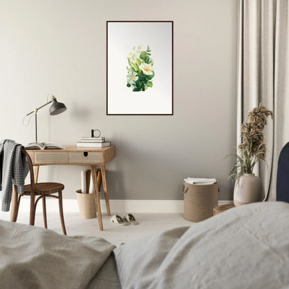 Framed watercolor of green and white flowers for a cheerful room decoration