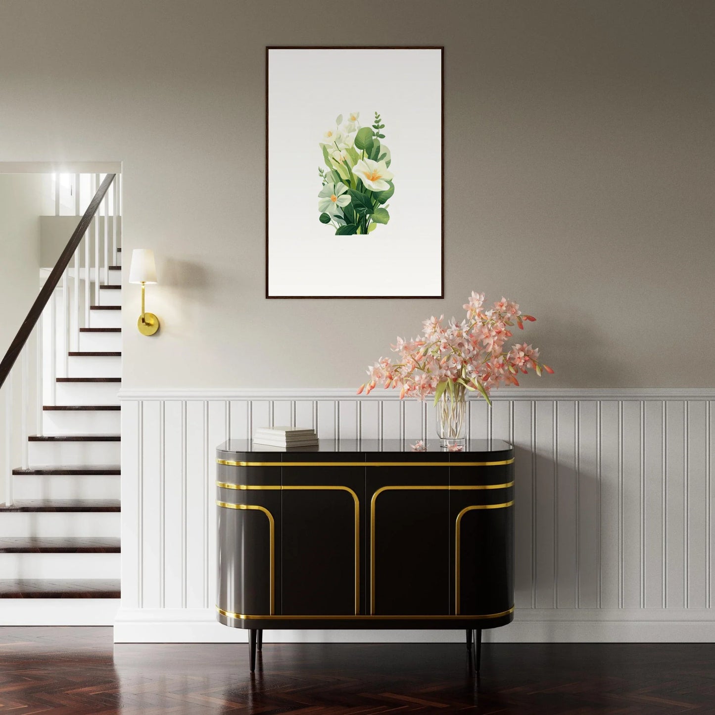 Elegant black sideboard with gold trim, perfect for room decoration in Garden Whispers style