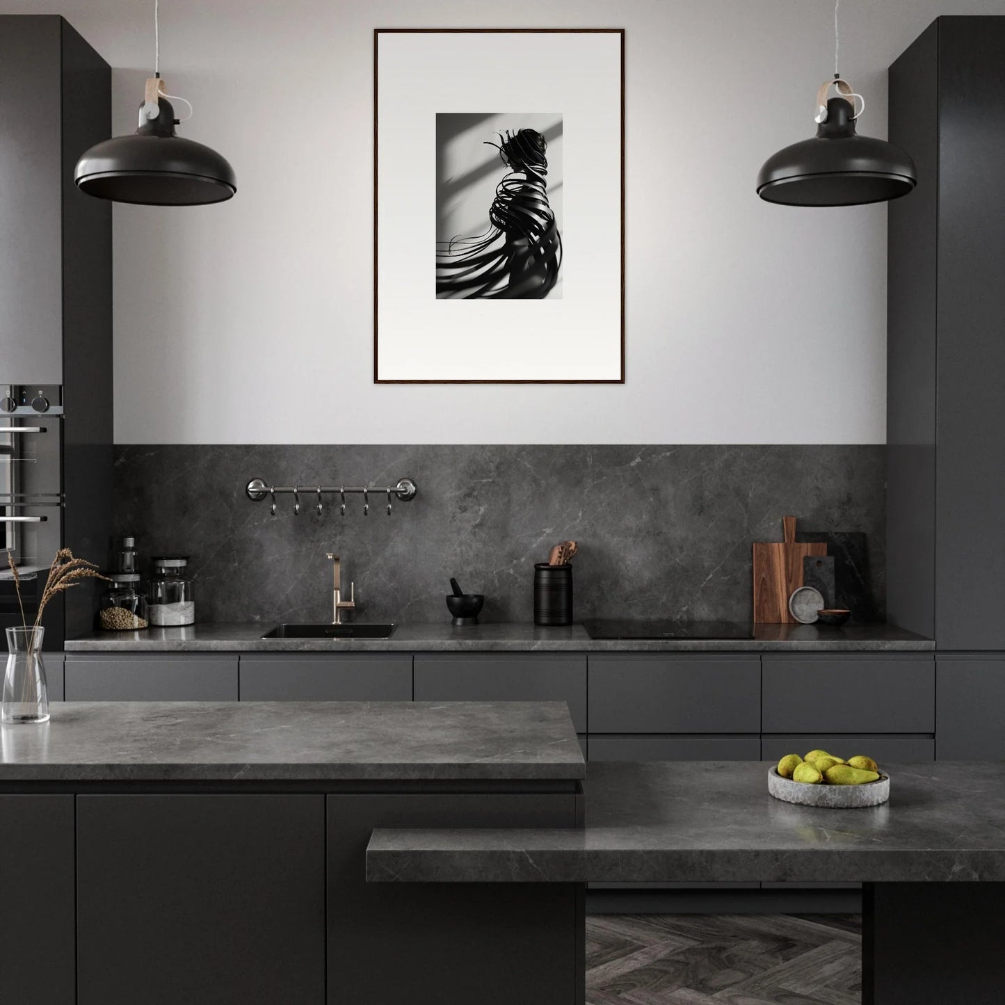 Sleek kitchen with dark cabinets and stylish Whisper Twists canvas print art