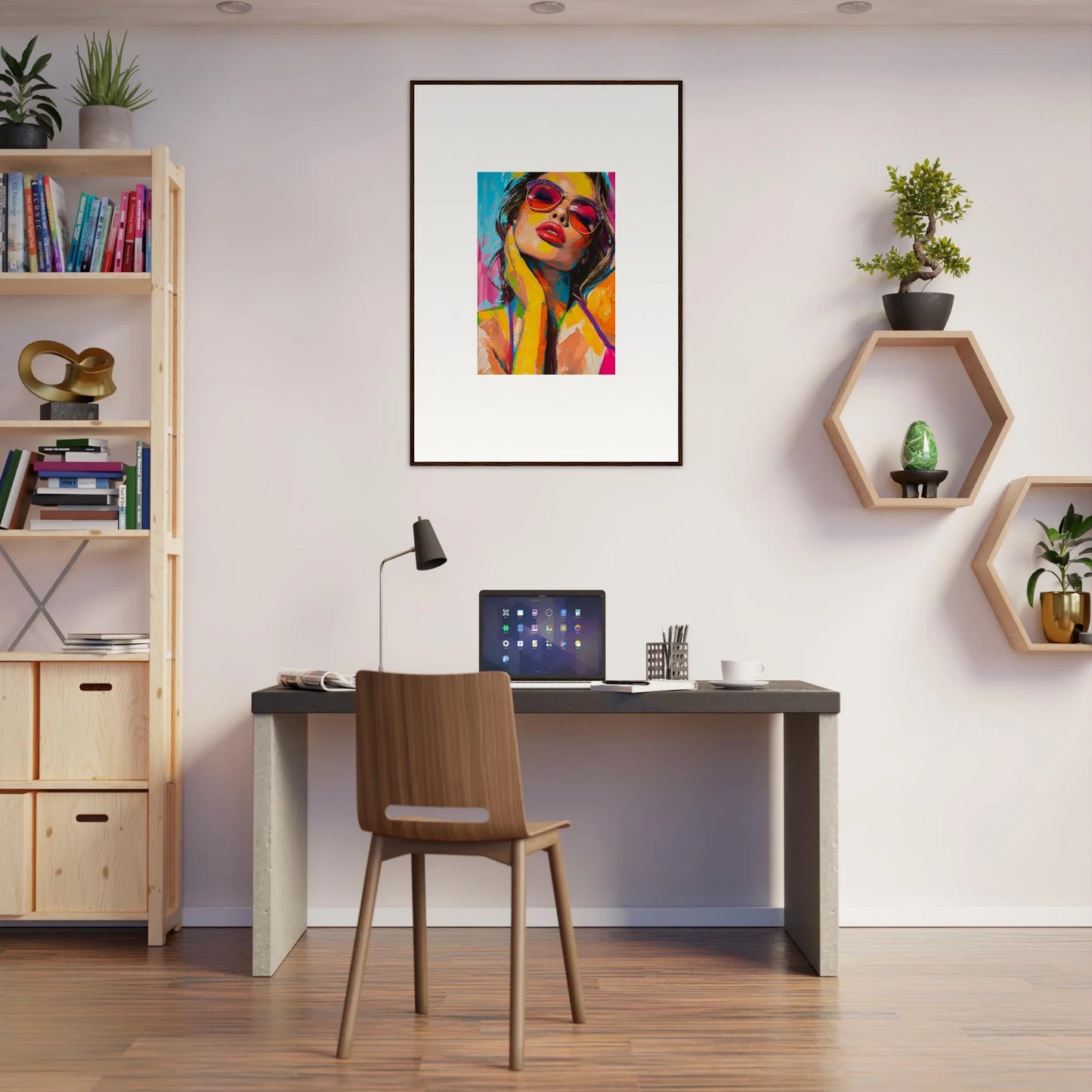 Modern home office with desk, chair, and mind prism canvas print for stylish room decoration