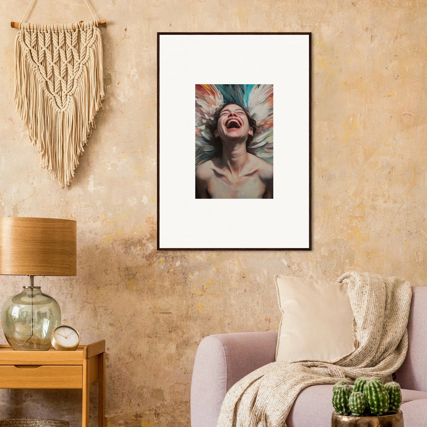 Framed canvas print of a joyful person with colorful hair for vibrant room decoration