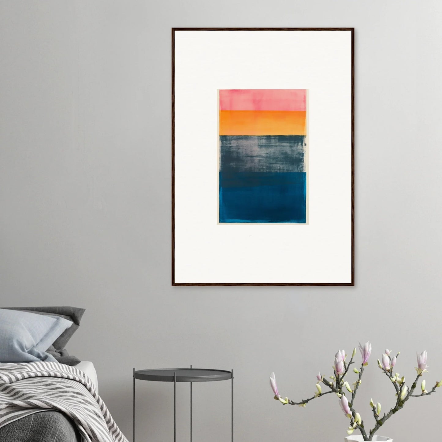 Abstract painting in pink, orange, gray, and blue frequencies for stylish room decoration