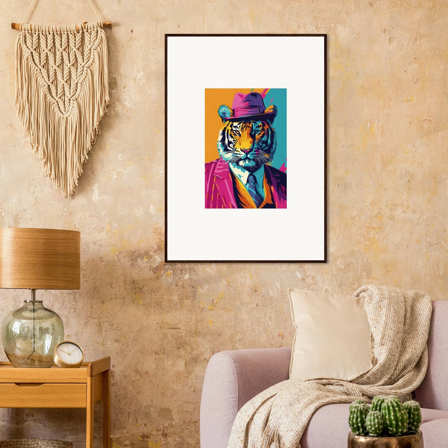 Colorful pop art tiger in a purple hat and pink suit for your combo renaissance room decoration