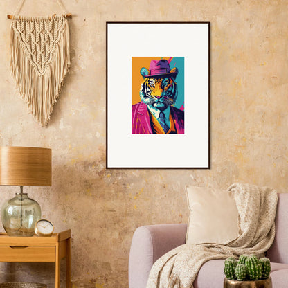 Colorful pop art tiger in a purple hat and pink suit for your combo renaissance room decoration