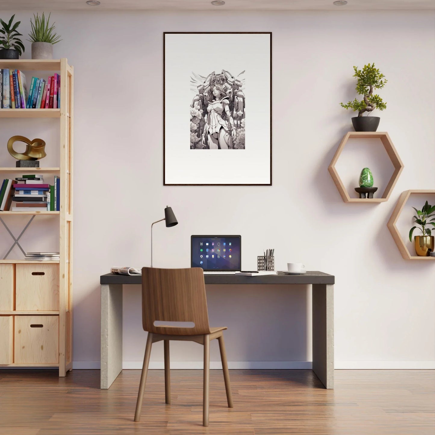 Home office workspace featuring a chair, desk, and stylish canvas print for room decoration