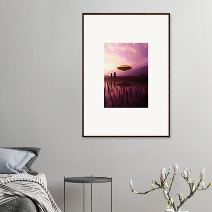 Framed canvas print of Violet Dreaming with a UFO over a misty sunset landscape