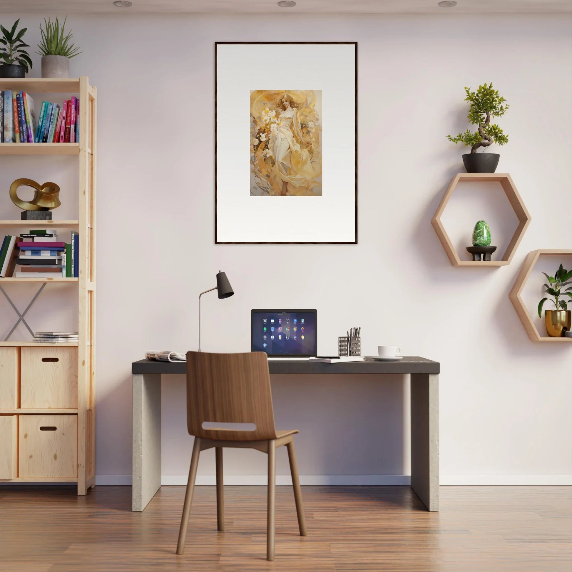 Home office with desk and chair featuring an Ethereal Symphony canvas print