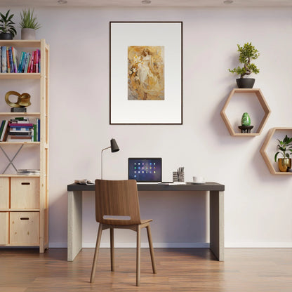 Home office with desk and chair featuring an Ethereal Symphony canvas print