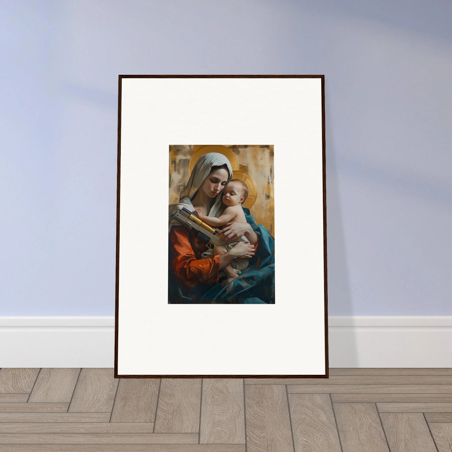 Framed canvas print of a woman in religious attire with a baby for stunning room decoration