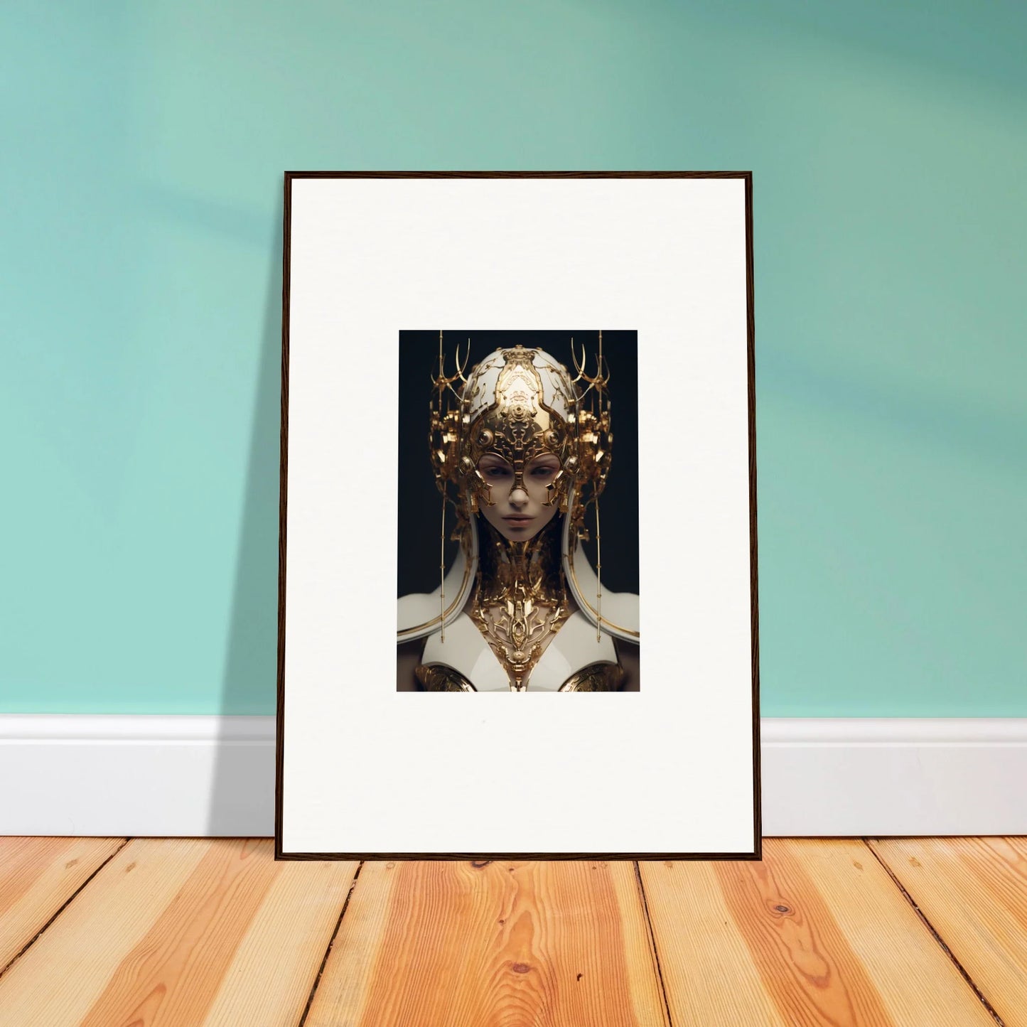 Framed canvas print of an Ethereal Sovereign with a stunning golden headdress for room decoration