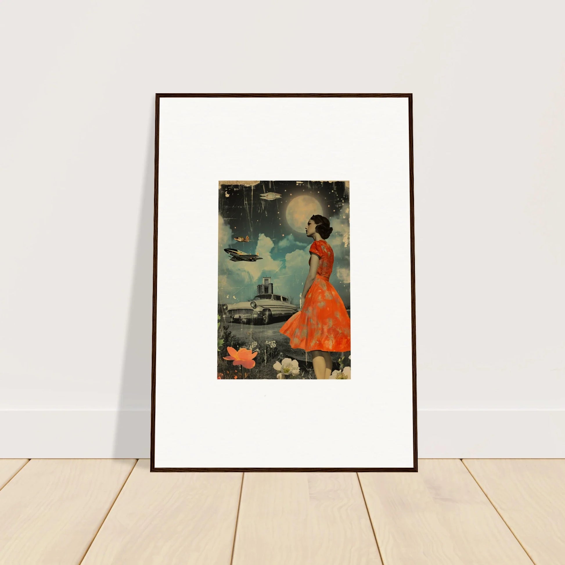 Framed canvas print of a woman in a red dress for unique room decoration, Veil Tales