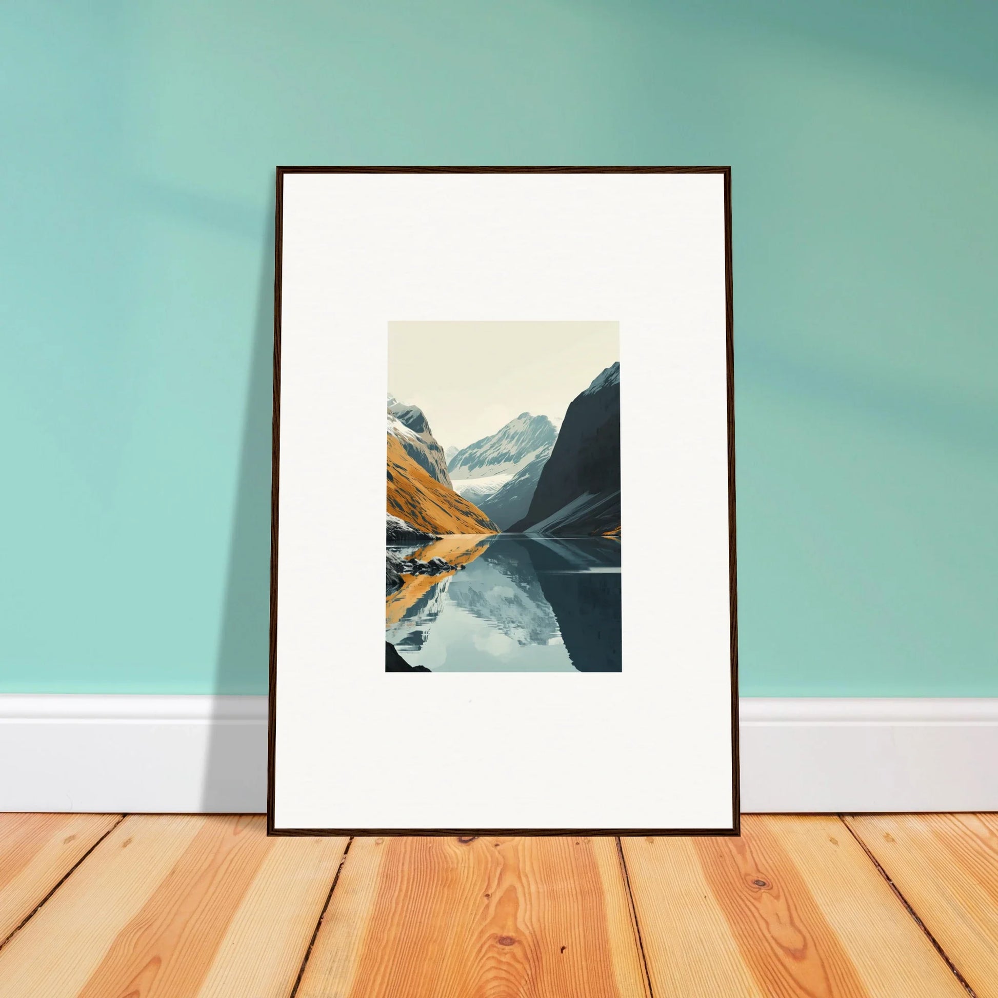 Framed canvas print of Glacier Harmony, featuring mountains and a serene lake