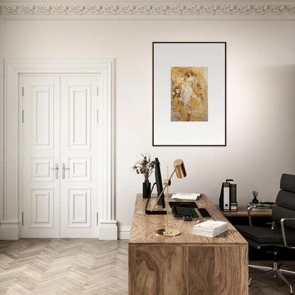 Elegant home office with a wooden desk featuring an Ethereal Symphony canvas print