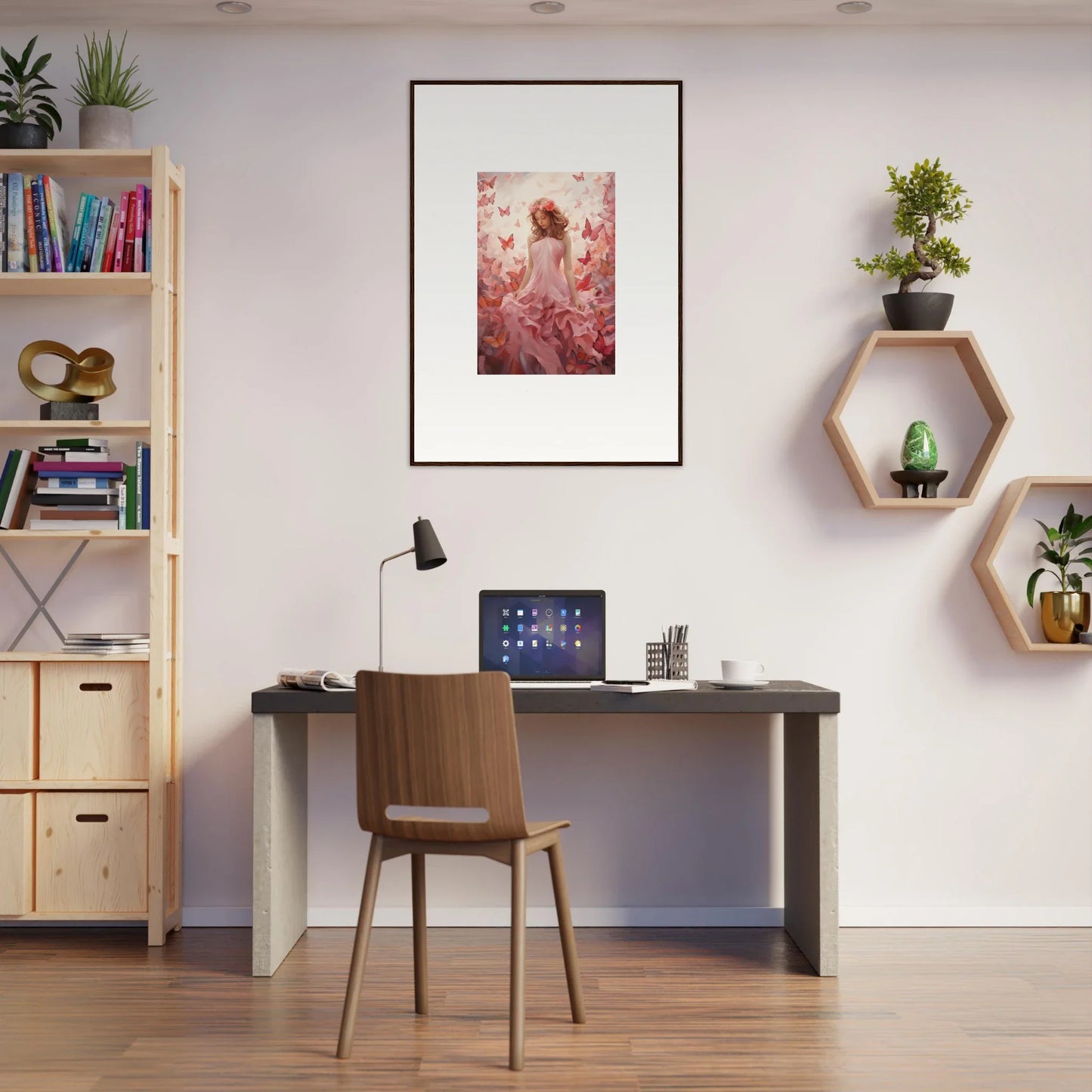 Cozy home office with autumn lattice canvas print and stylish room decoration