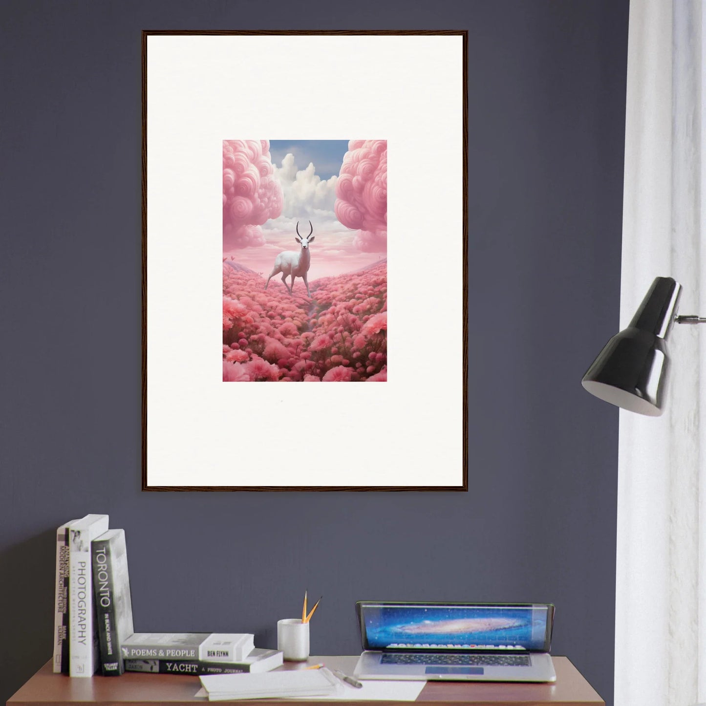 Framed canvas print of a deer in a dreamy pink landscape great for berry collision room decoration