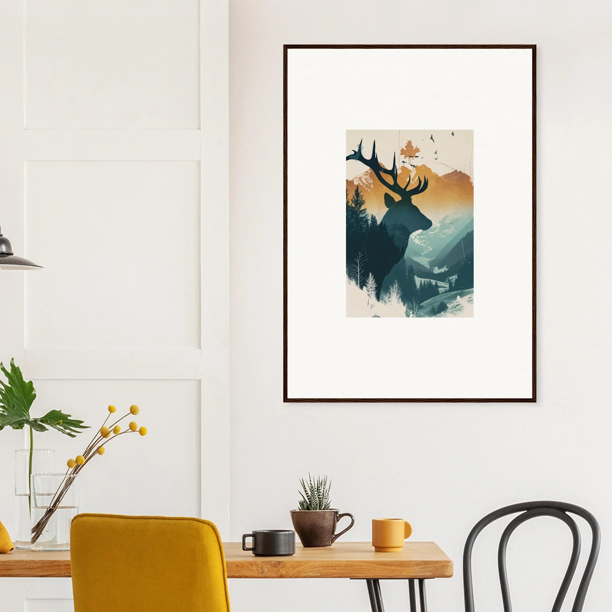 Framed canvas print of Enchantment Stag Haze with deer silhouette and sunset mountains