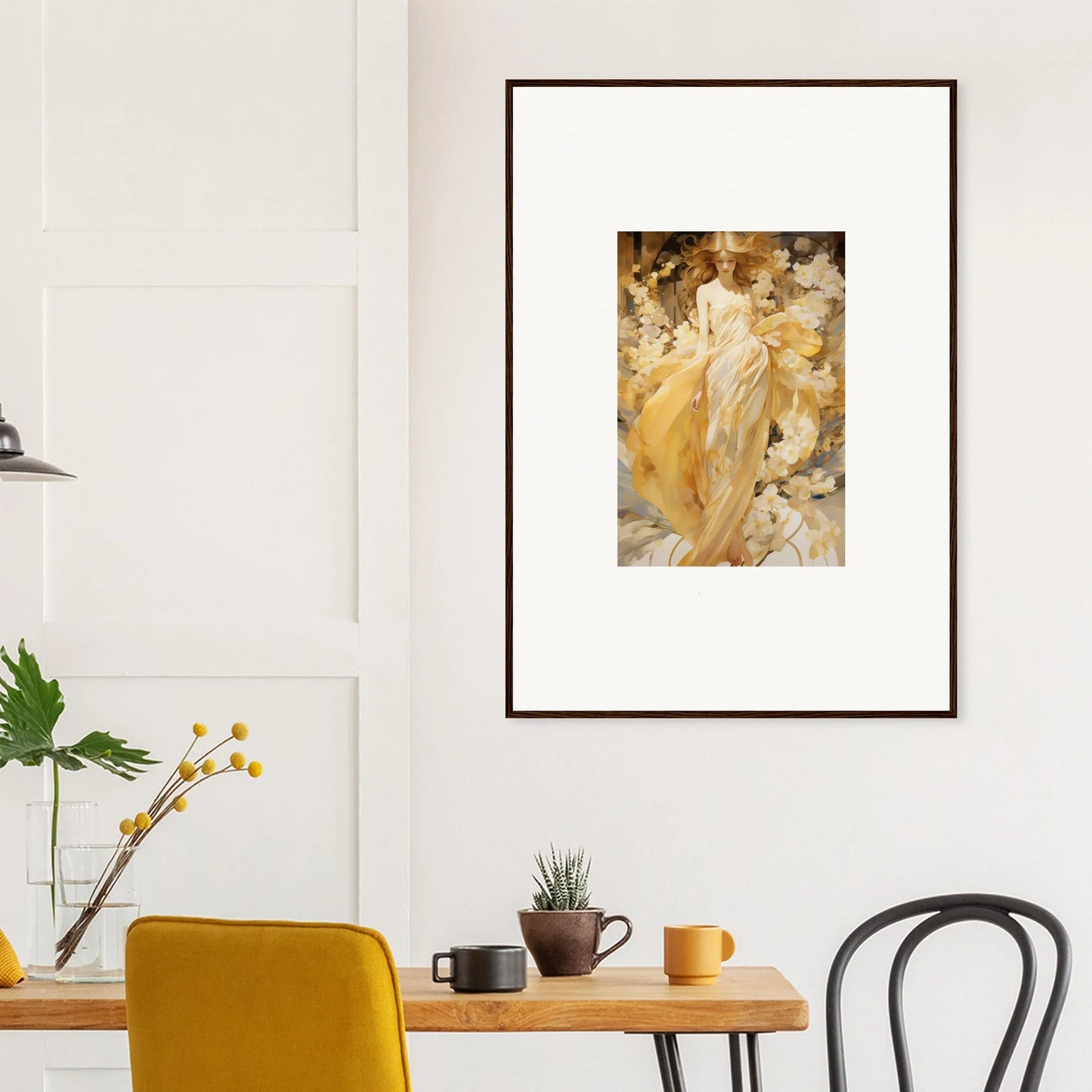 Framed canvas print of Golden Petal Serenade in warm golden and beige tones for room decoration