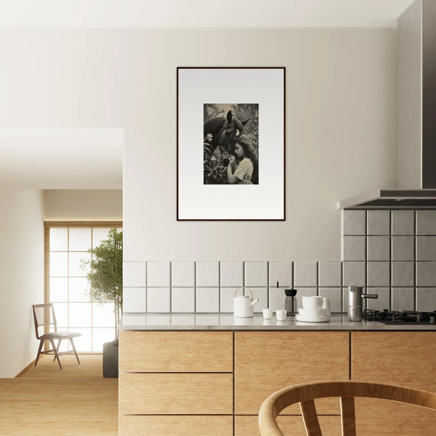 Framed black and white Ethereal Equinox Whispers canvas print for chic kitchen decor