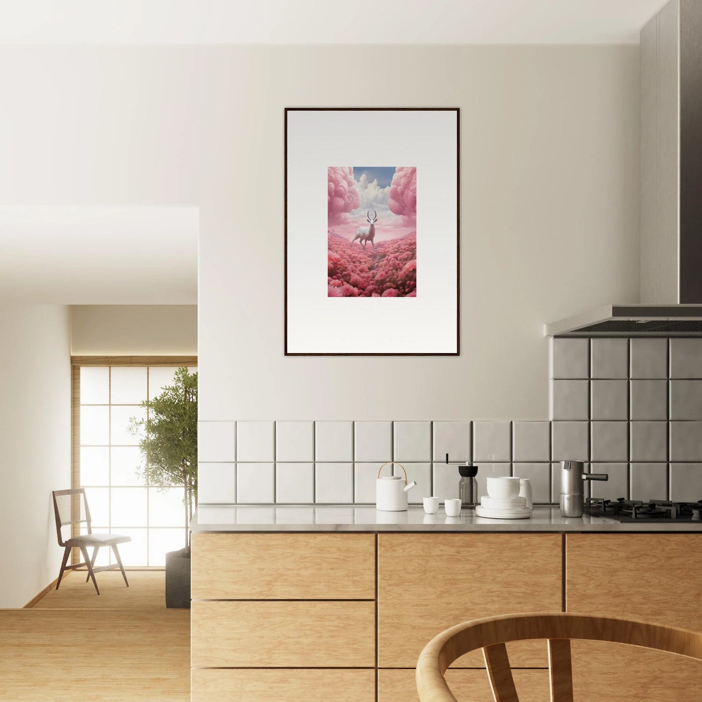 Framed canvas print of a deer in a pink berry collision landscape for room decoration