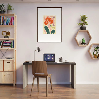 Modern home office with desk and chair featuring Echoes Whimsy canvas print decor