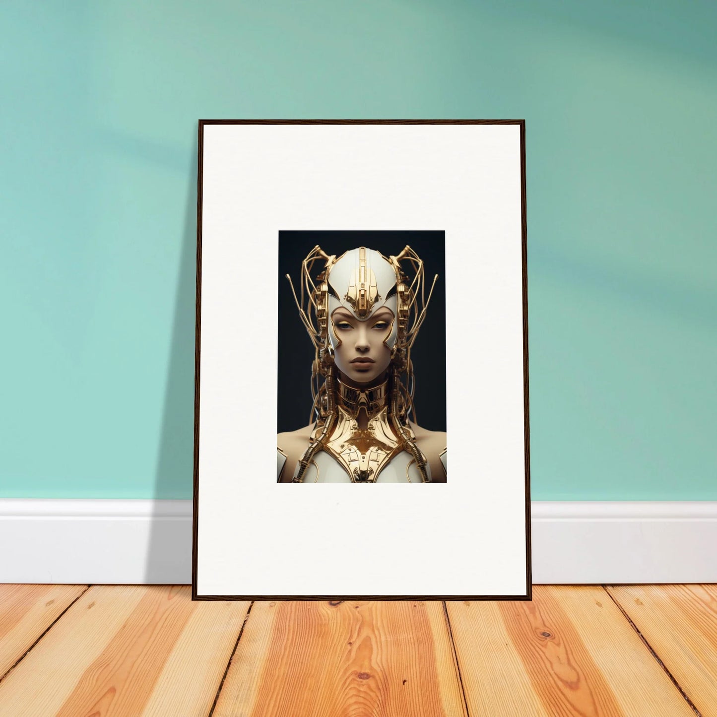 Framed canvas print of a figure with a golden headdress for stylish room decoration