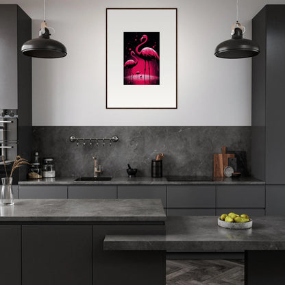 Modern kitchen featuring a pink flamingo canvas print for stylish room decoration