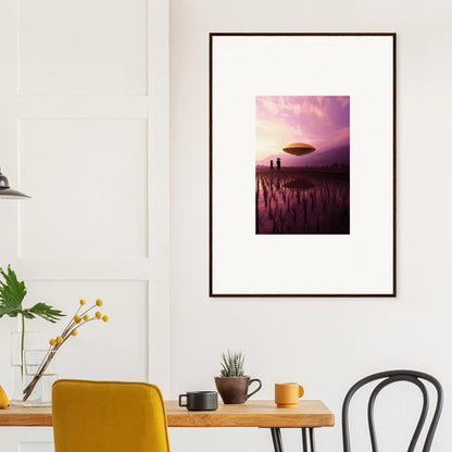 Framed canvas print of violet dreaming, featuring a UFO over a sunset landscape