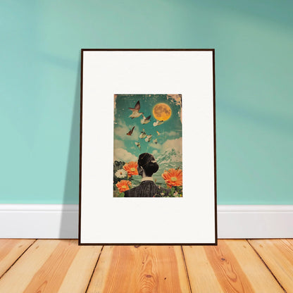 Surreal canvas print of a figure with moon, birds, and flowers for bloom reverie room decoration