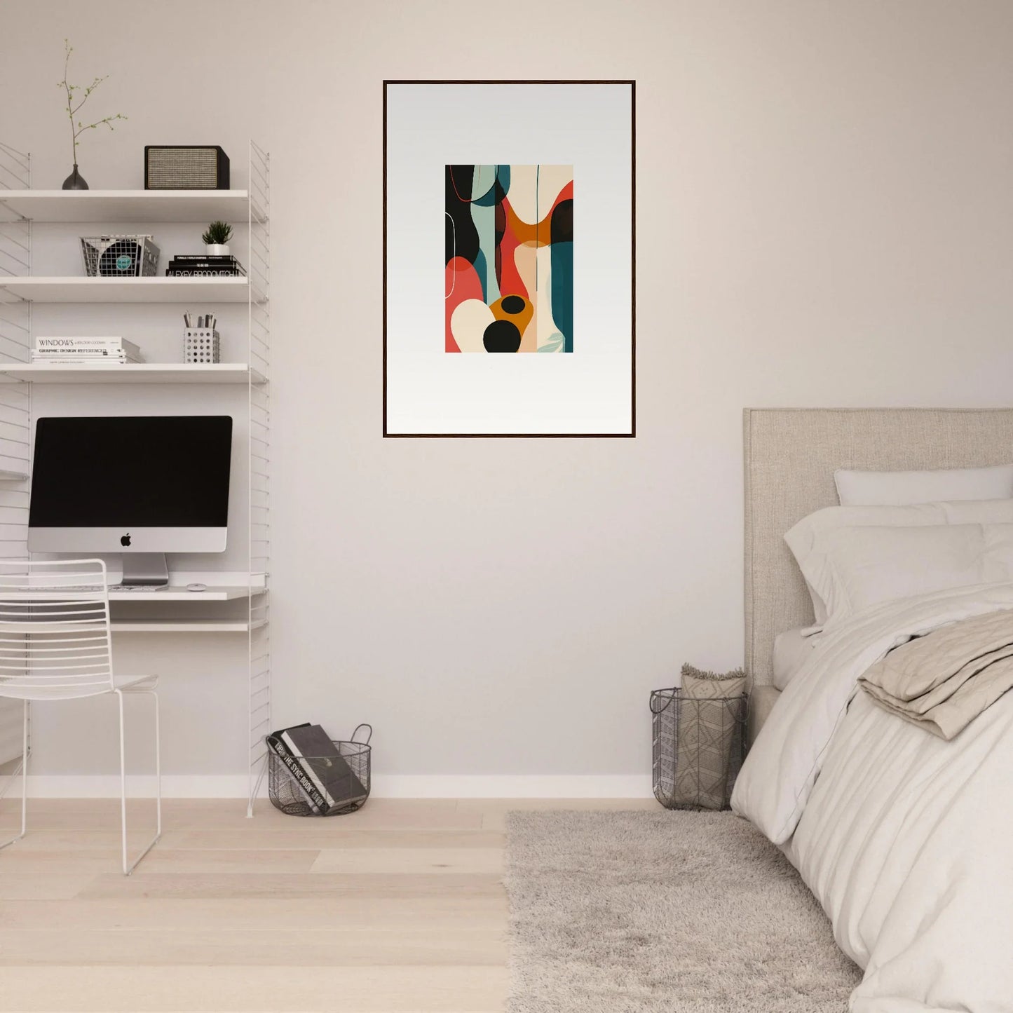 Modern bedroom with minimalist decor and a colorful Troubadour Aria canvas print