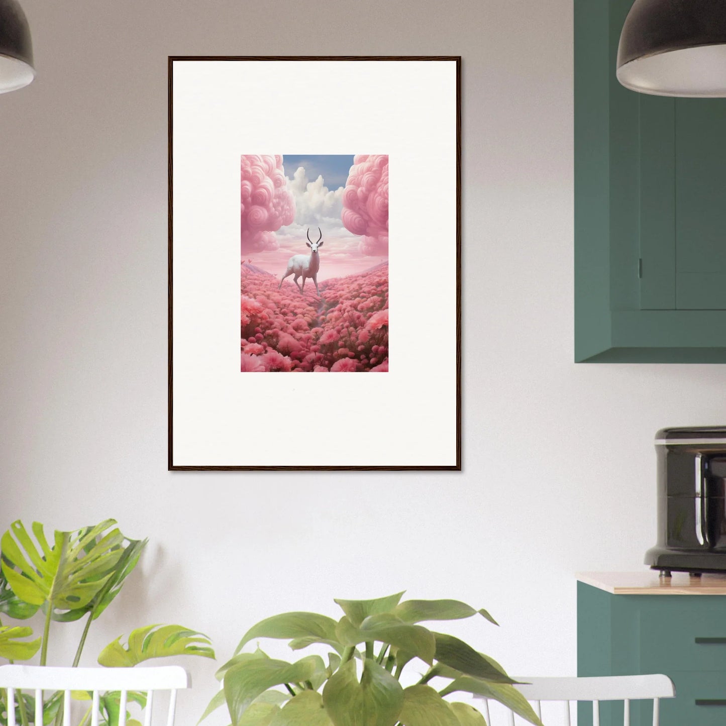 Framed canvas print of a deer in a dreamy pink landscape for cool room decoration