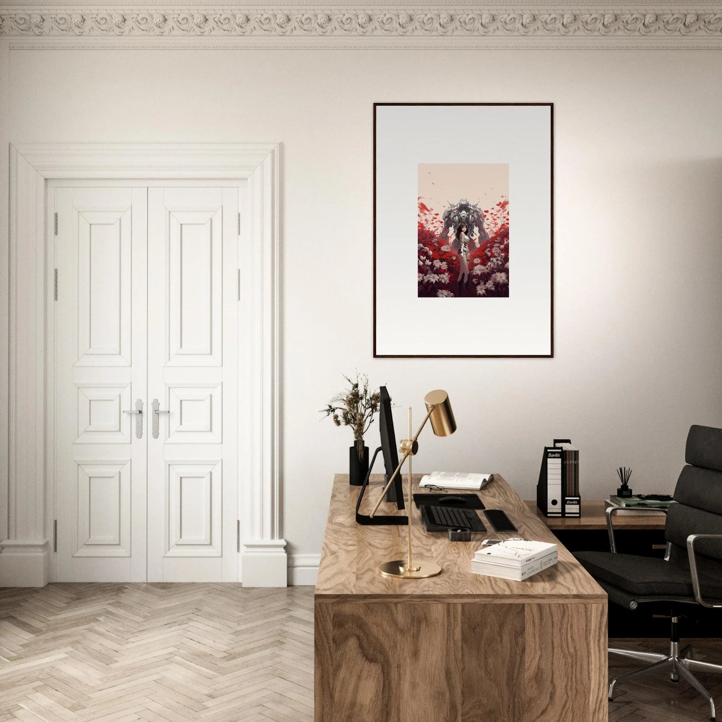 Minimalist workspace with a typewriter and books, perfect for boundary whimsy room decoration