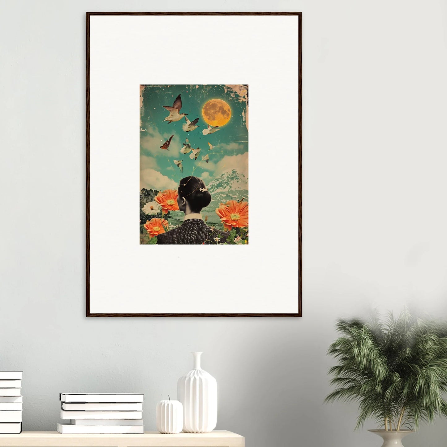 Framed canvas print of Lunar Bloom Reverie with a figure and surreal moonlit sky