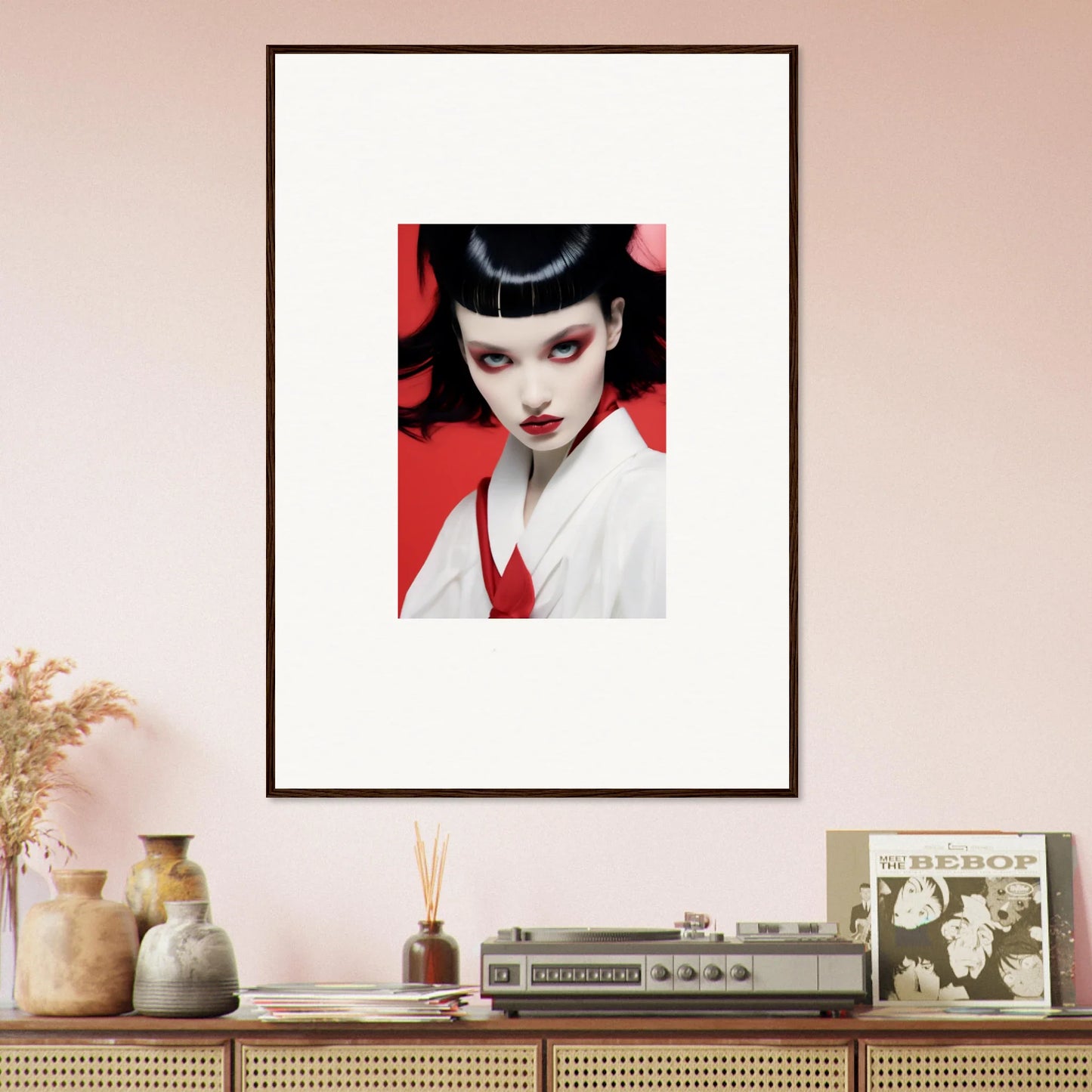 Framed canvas print of person with striking makeup for a bold cherry dream room decoration