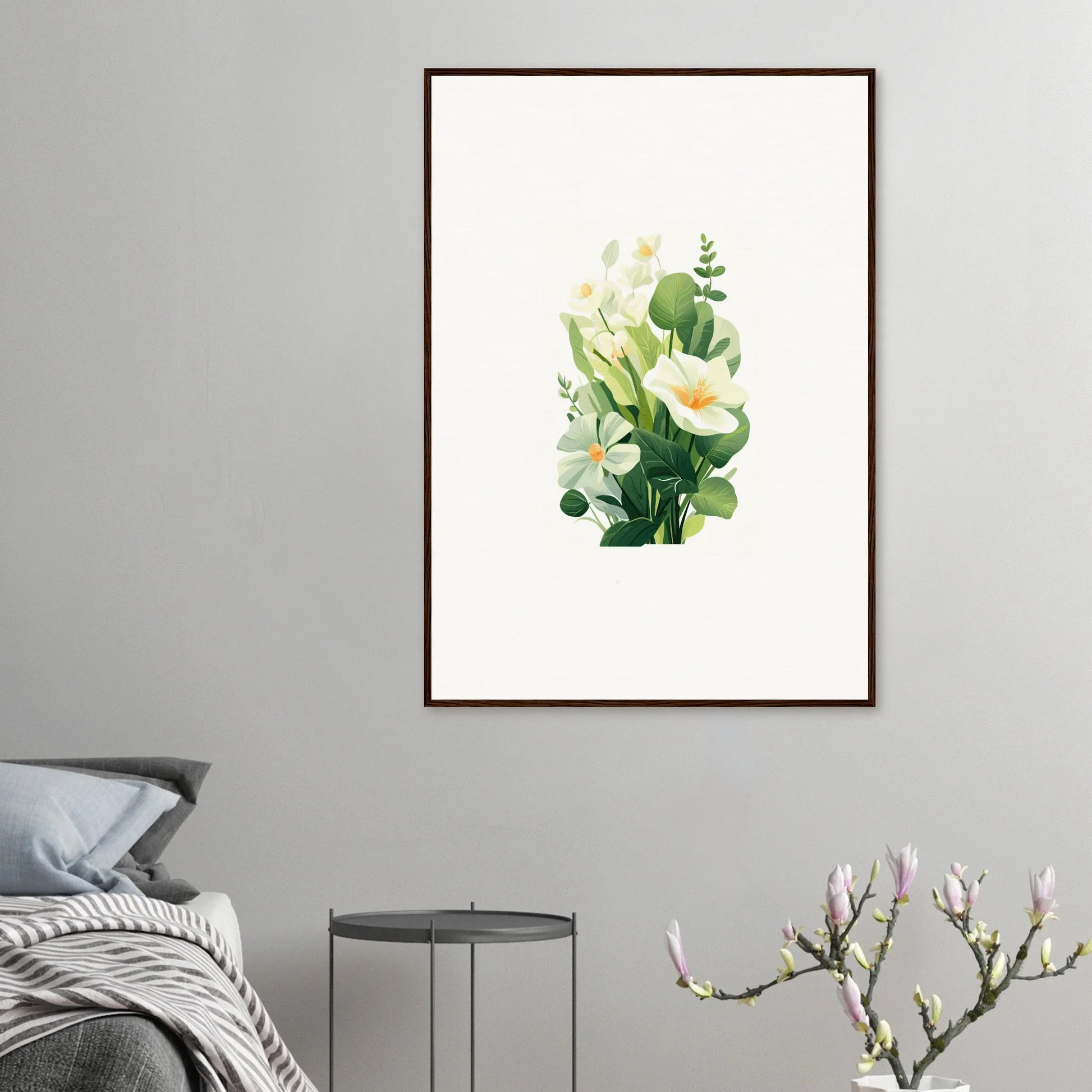 Framed watercolor painting of white flowers for your garden whispers room decoration