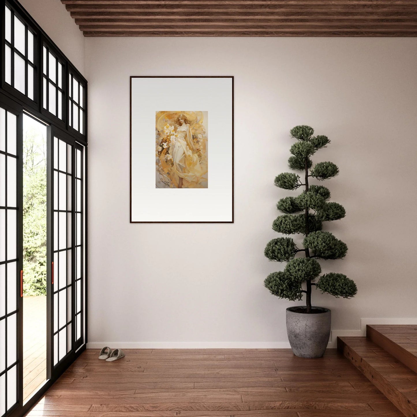 Framed Golden Ethereal Symphony canvas print in warm tones for stylish room decoration