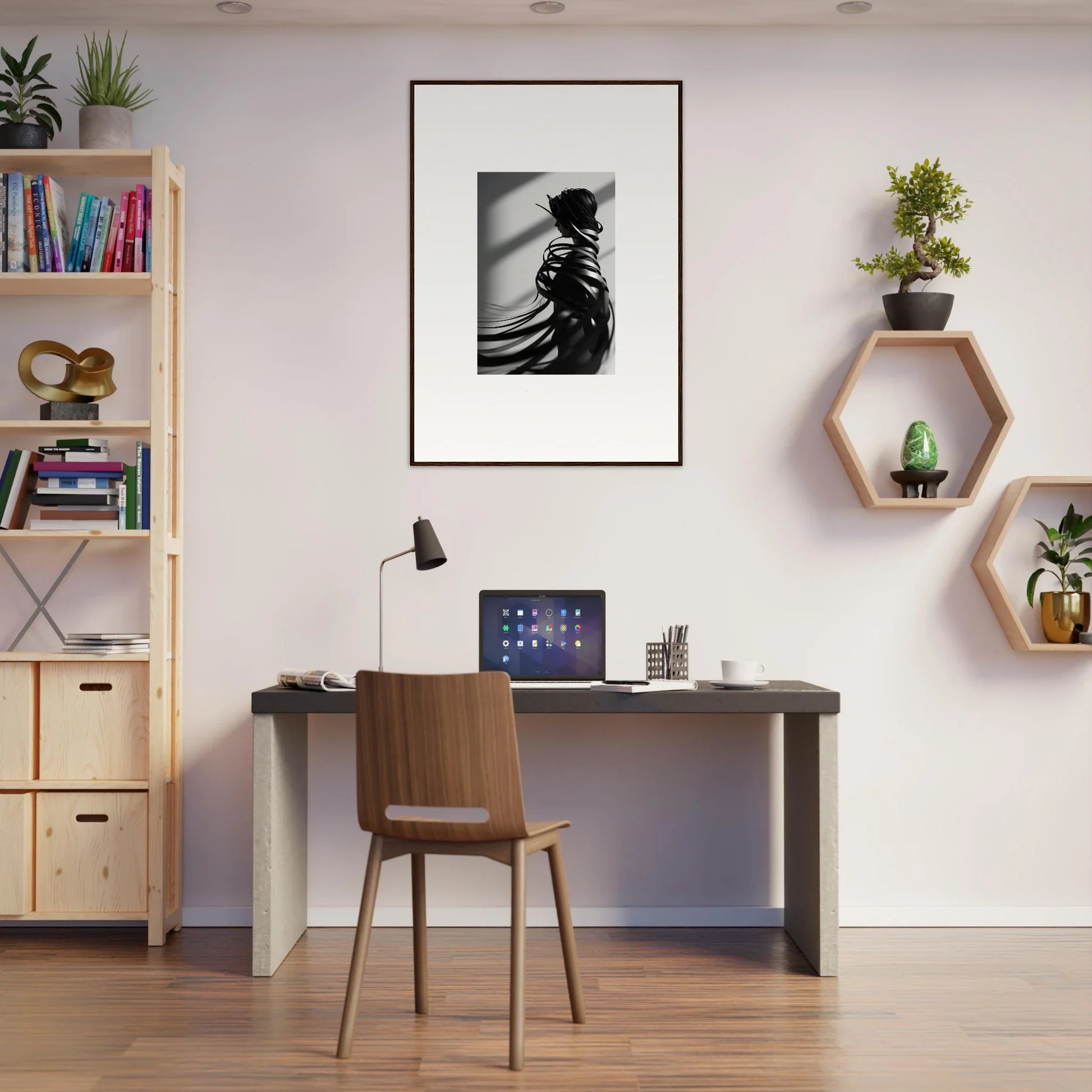 Home office workspace with desk, chair, and canvas print wall decoration featuring ribbon shares