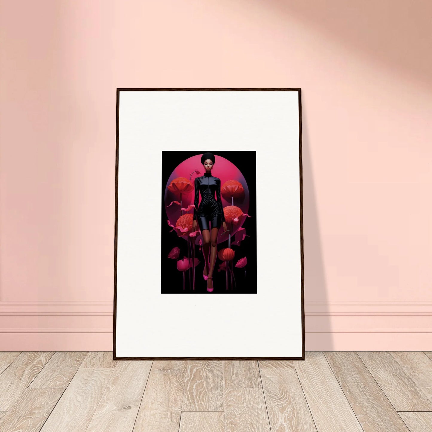 Framed canvas print of tribal reverie featuring a silhouetted figure on a red background