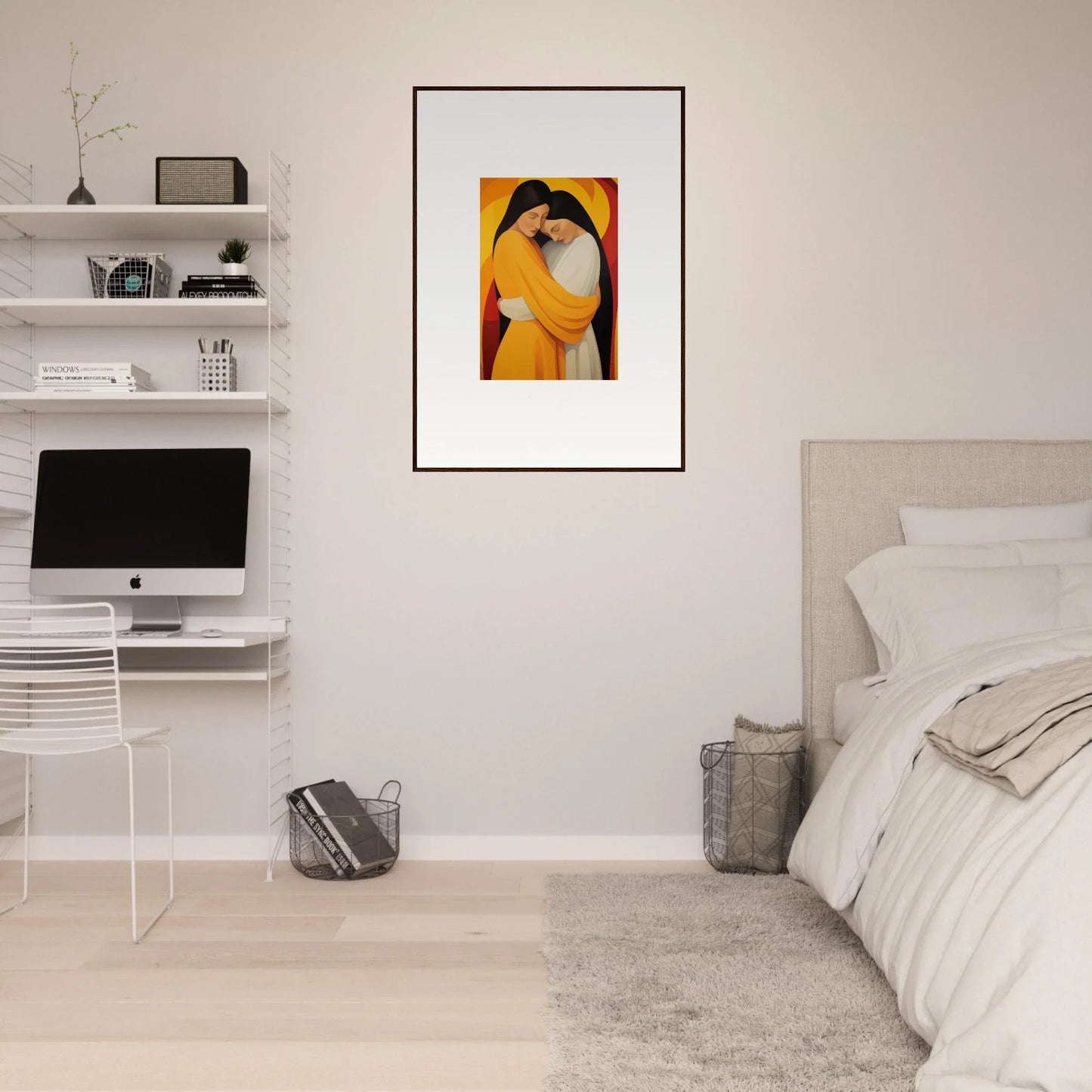 Framed abstract canvas print of Sun Nyah featuring a yellow figure on an orange background