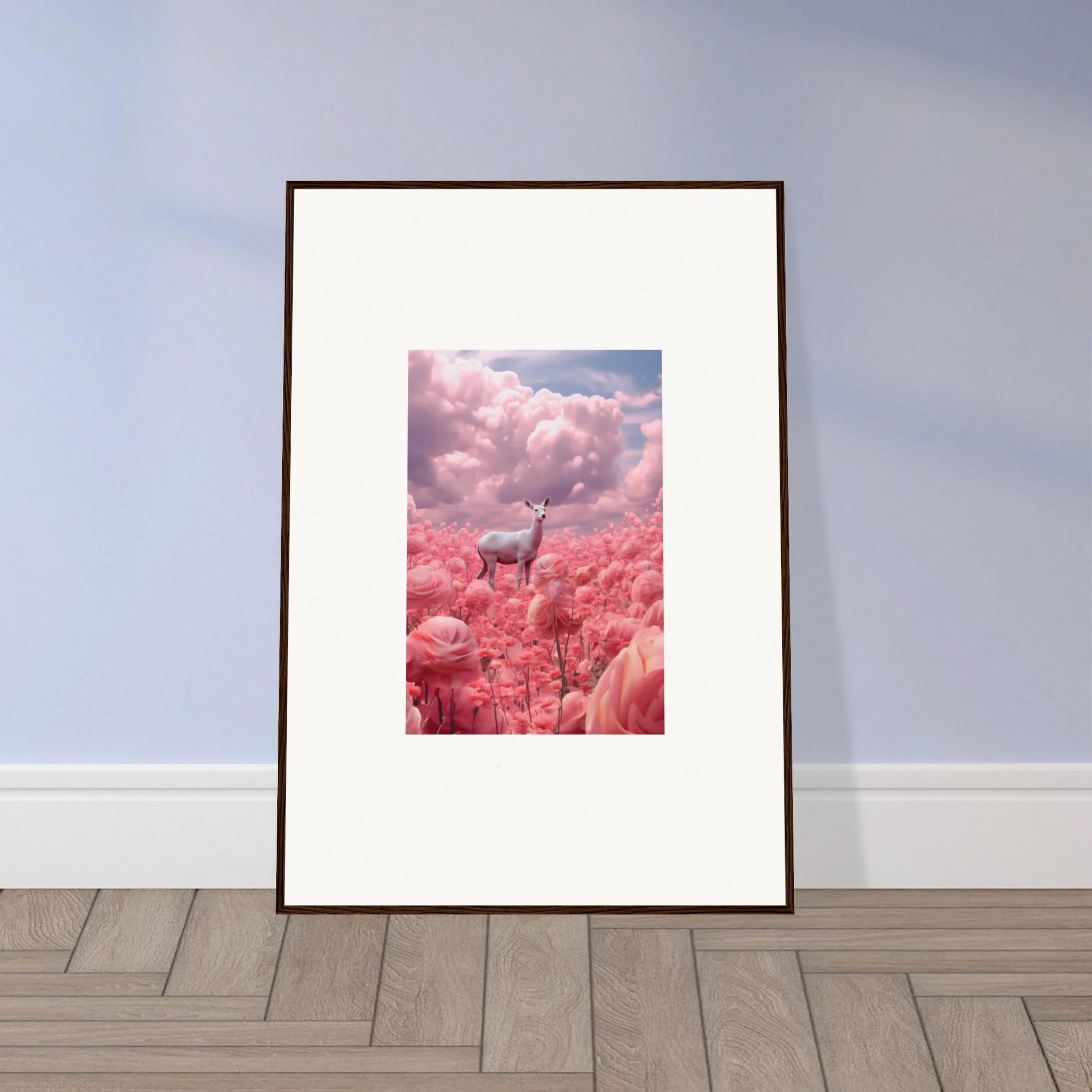 Framed wall art of a deer in a pink field for unique room decoration