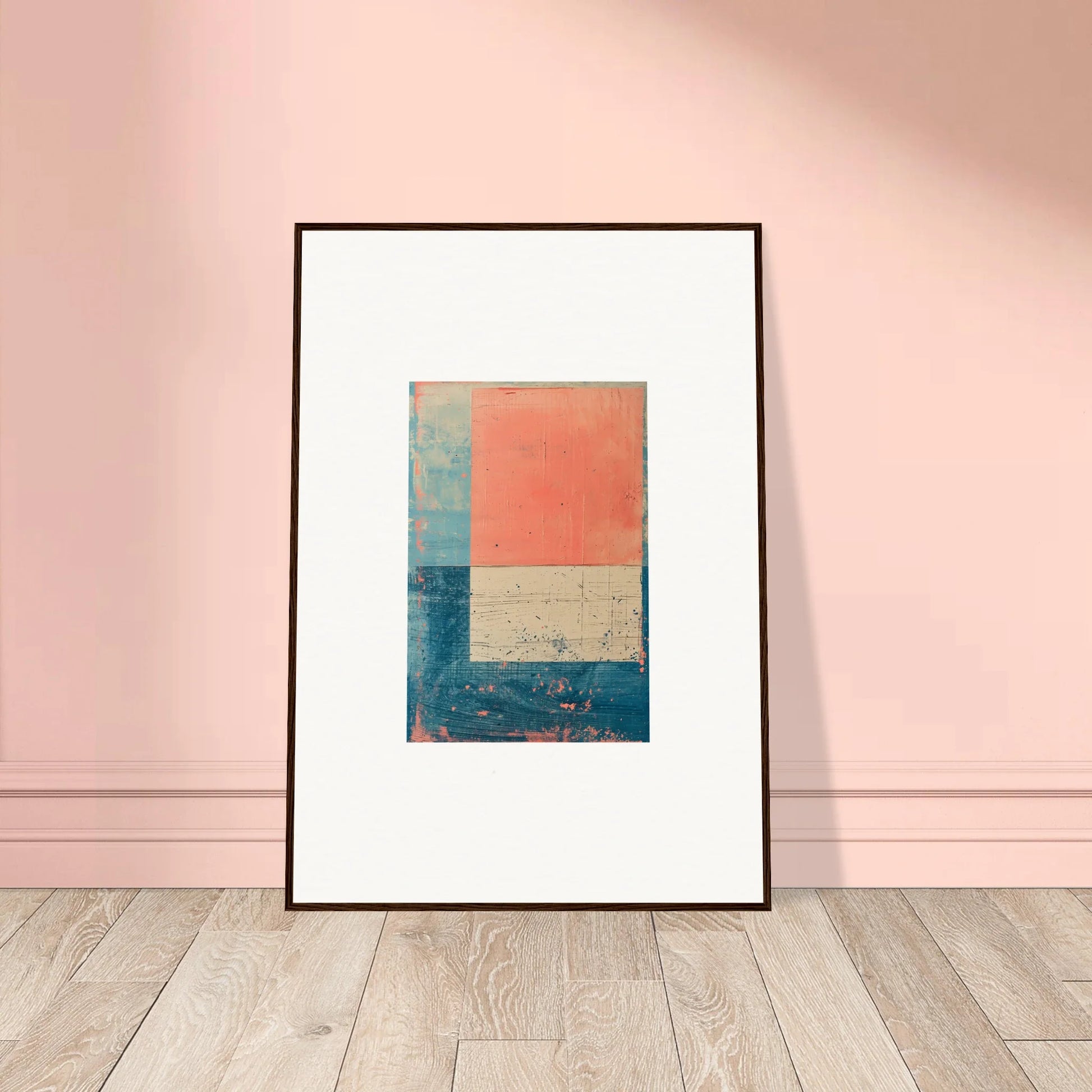 Framed canvas print of Palette Whispers with coral, blue, and beige color blocks for room decoration