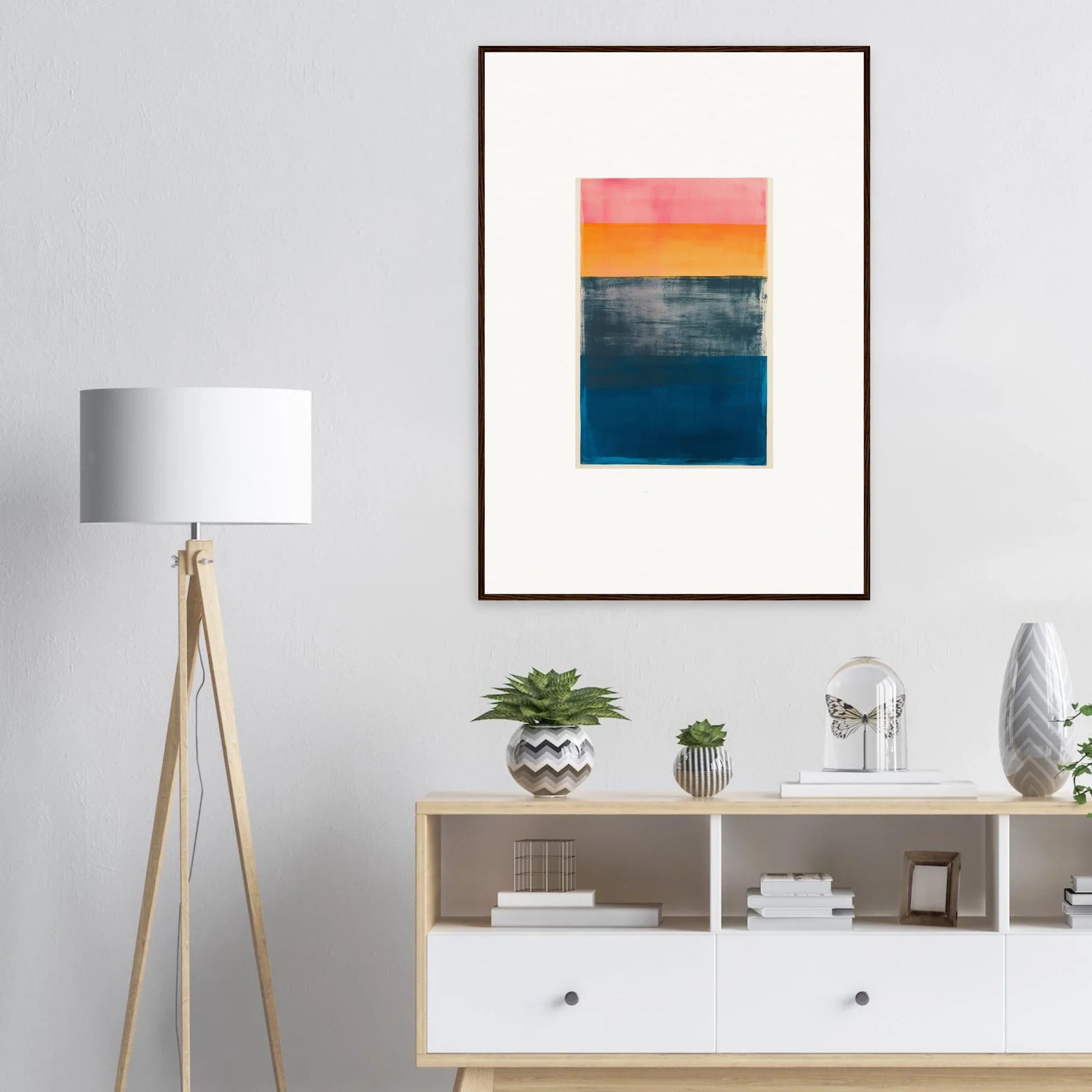 Abstract canvas print in pink, orange, and blue frequencies for stylish room decoration