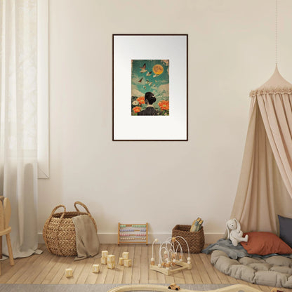 Framed canvas print of Lunar Bloom Reverie with figure admiring colorful fish in sky