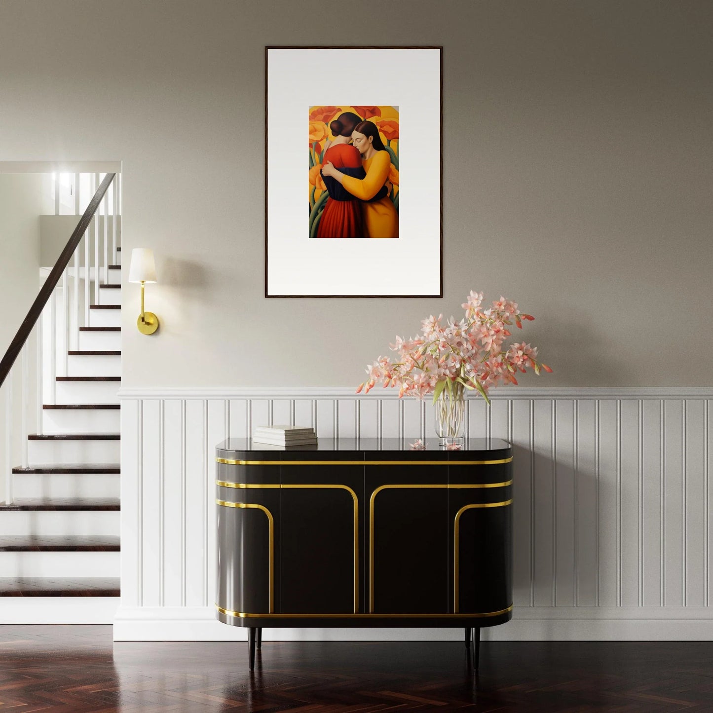 Framed canvas print of two embracing figures in vibrant orange for floral fondness room decoration