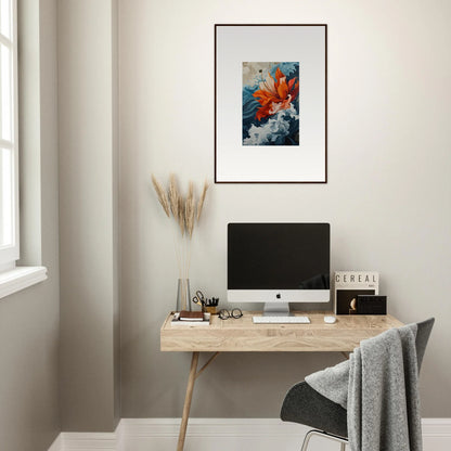 Minimalist home office with wooden desk, computer, and Petal Odyssey canvas print