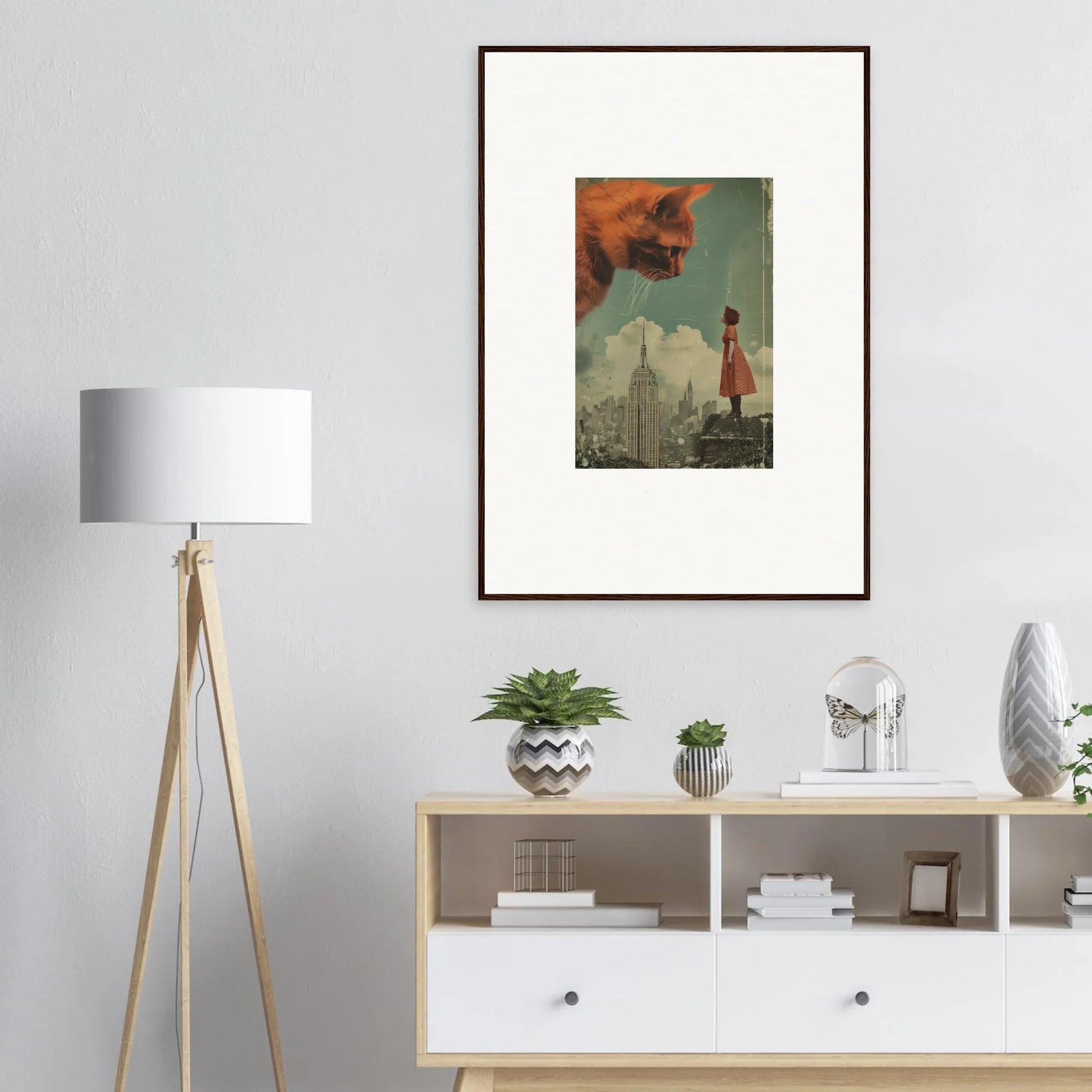 Framed surrealist artwork of a figure and cityscape titled Giants Gaze for room decor