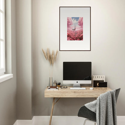 Minimalist home office with wooden desk, computer, and berry collision canvas print