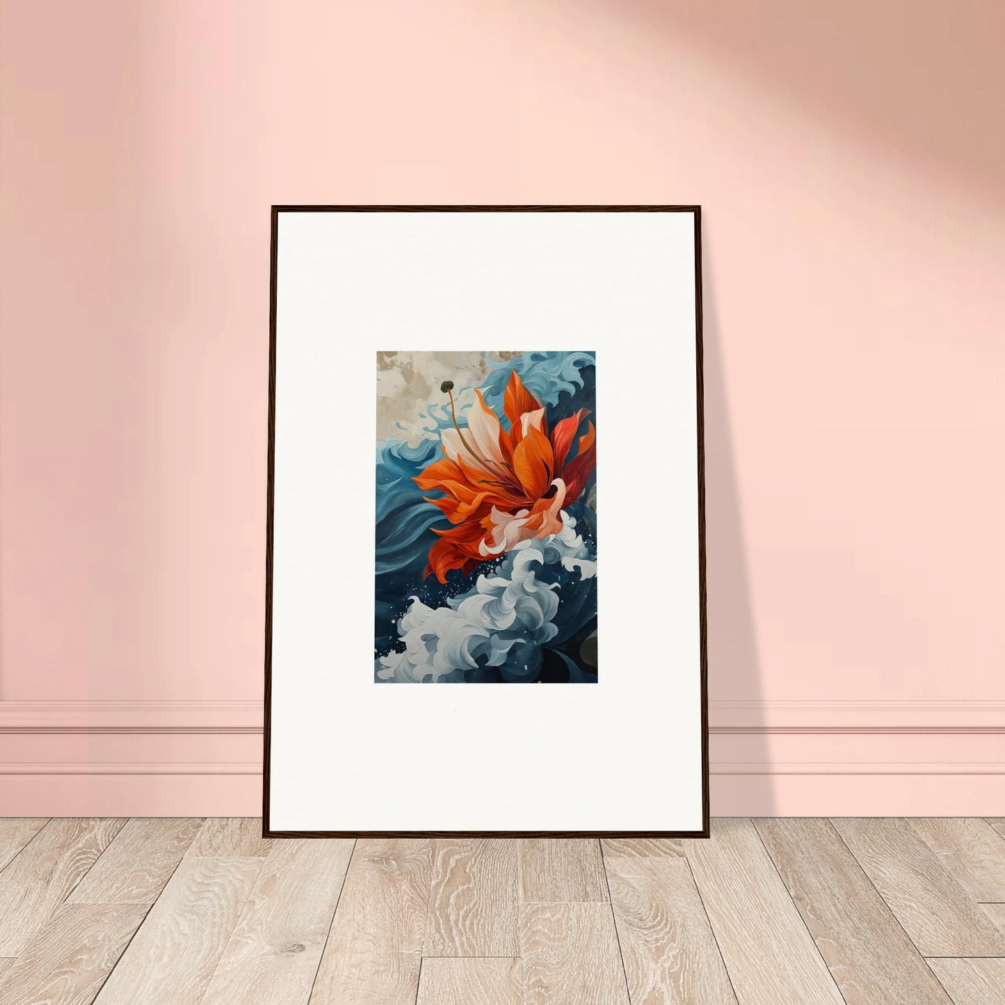 Framed canvas print of Elusive Petal Odyssey with vibrant orange and blue design