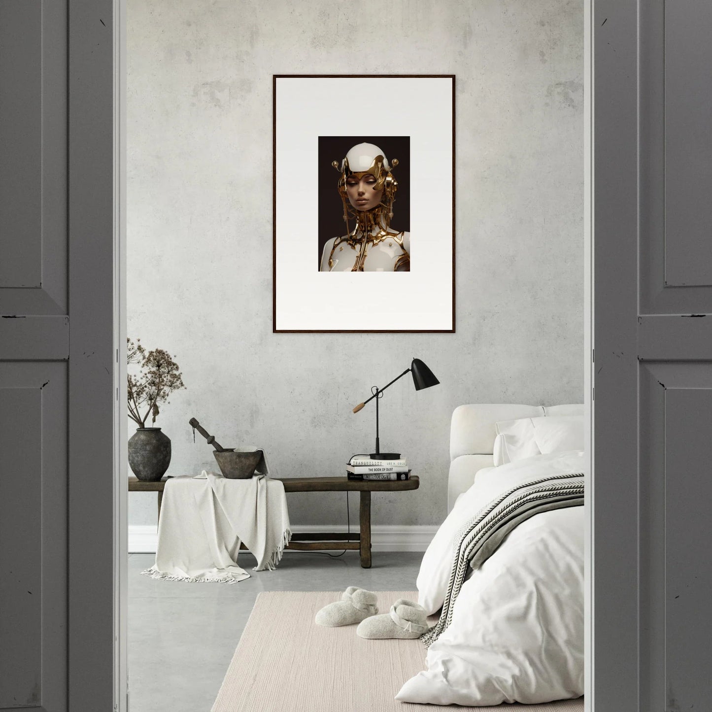 Framed portrait of a figure with gold face and jewelry, perfect wall art for room decoration